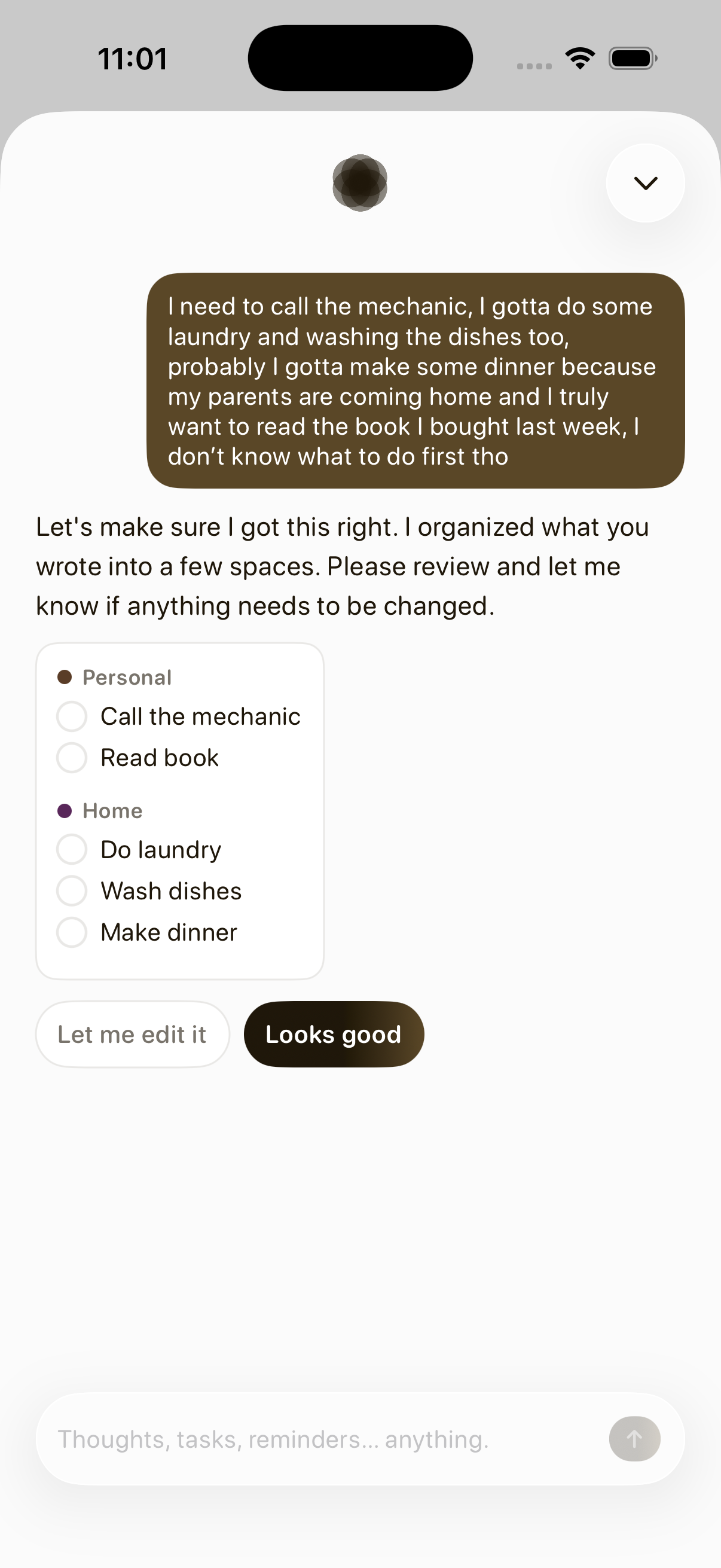 Adi AI chat and brain dump screen